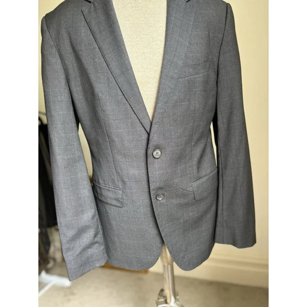 Hugo Boss Mens Blazer Wool Sport Coat US Sz 38R Redo Super 110‎ Grey Plaid
